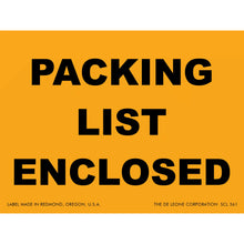Orange shipping label with black text reading ’PACKING LIST ENCLOSED’
