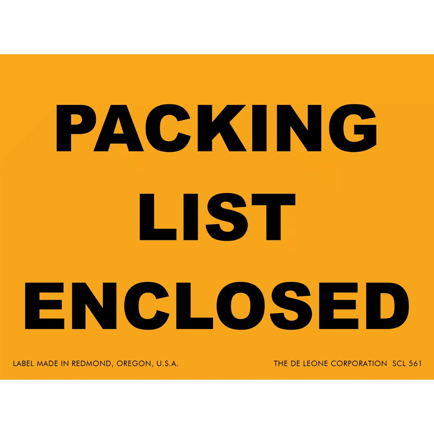 Orange shipping label with black text reading ’PACKING LIST ENCLOSED’