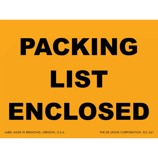 Orange shipping label with black text reading ’PACKING LIST ENCLOSED’
