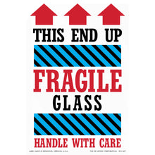 Warning label for fragile glass items with red arrows pointing upward and blue striped bands.