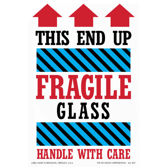 Warning label for fragile glass items with red arrows pointing upward and blue striped bands.
