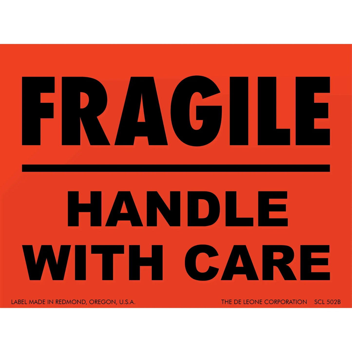 Red warning label with black text reading ’FRAGILE - HANDLE WITH CARE’