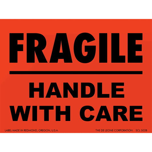 Red warning label with black text reading ’FRAGILE - HANDLE WITH CARE’