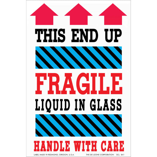 Warning label for fragile liquid in glass that needs careful handling.