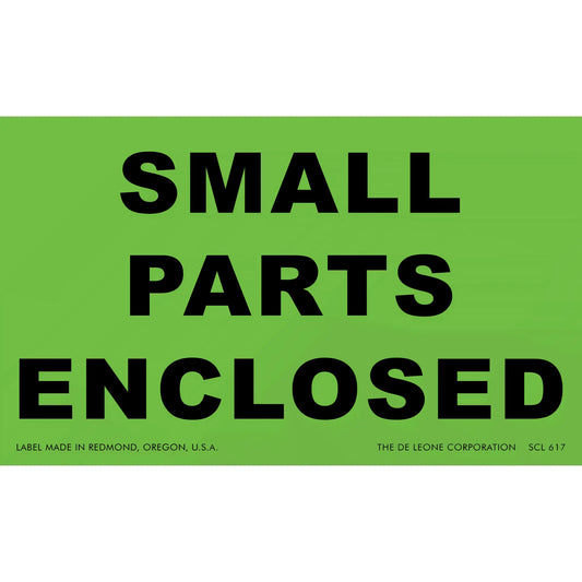Green shipping label with black text reading ’SMALL PARTS ENCLOSED’