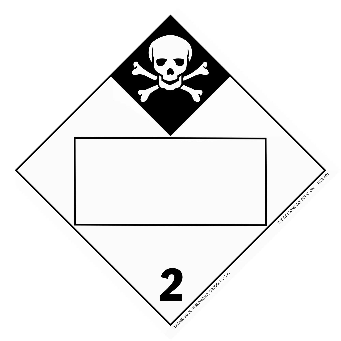 Hazardous materials warning placard with skull and crossbones symbol showing hazard class 2.