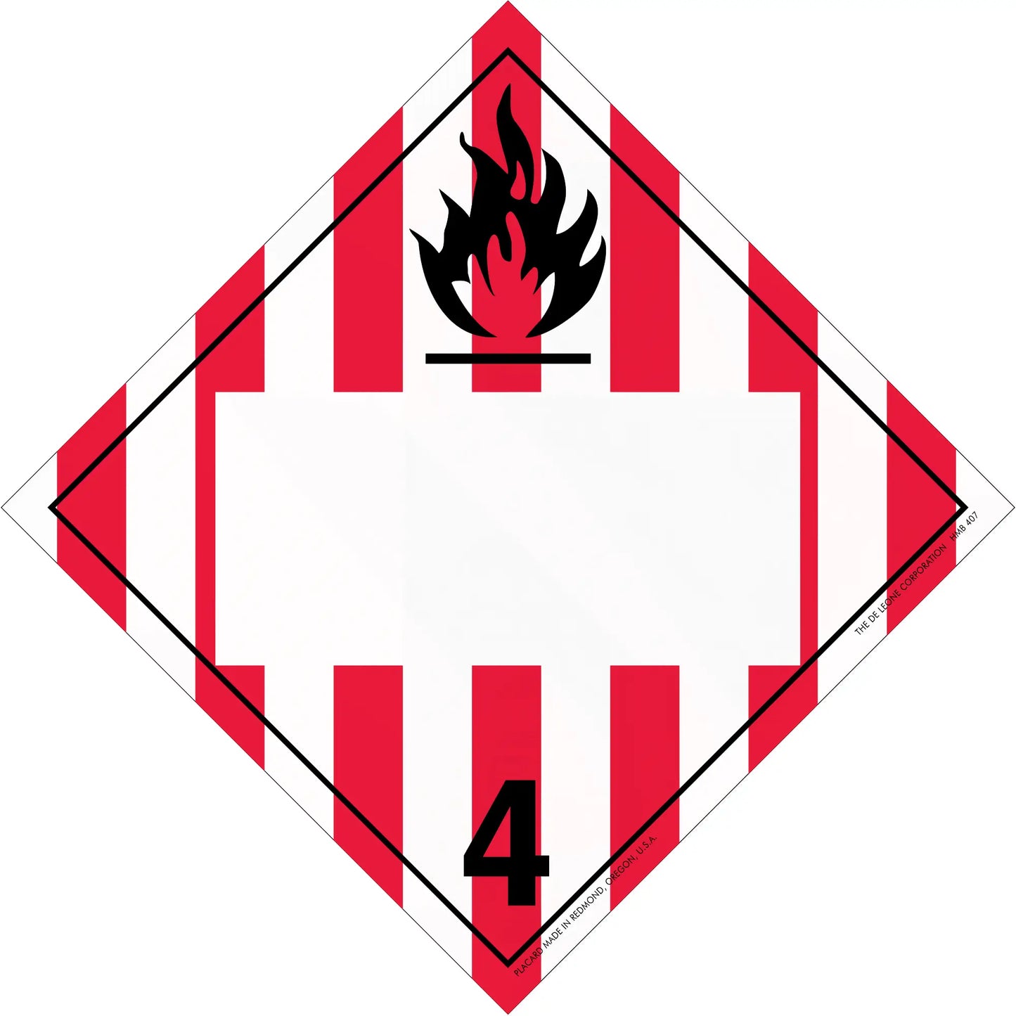 Diamond-shaped hazard placard with red and white stripes, black flame symbol, and number 4.