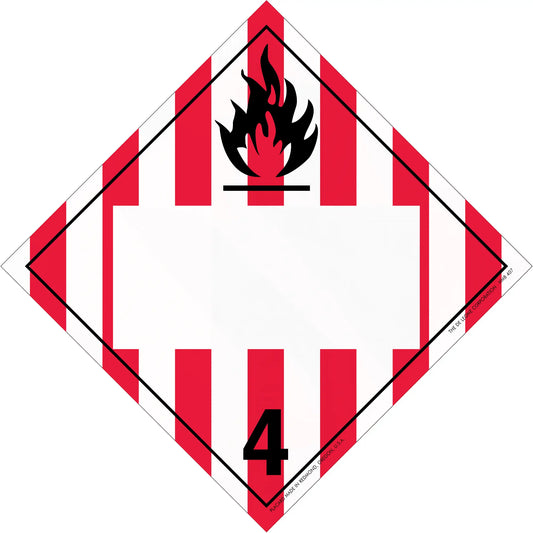 Diamond-shaped hazard placard with red and white stripes, black flame symbol, and number 4.