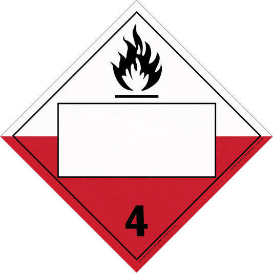 Hazard warning placard for Class 4 flammable solids with black flame symbol.