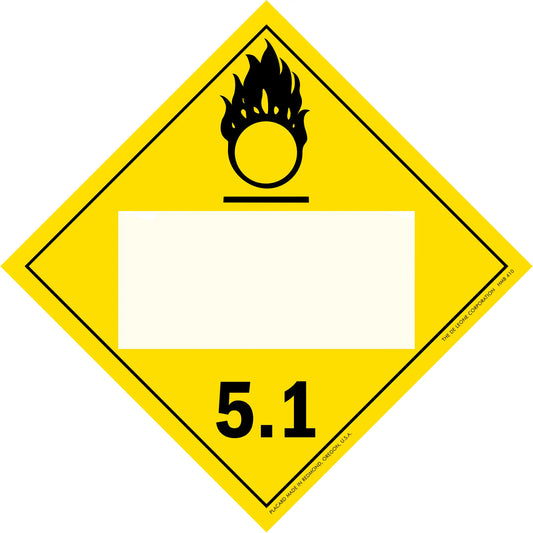 Yellow diamond-shaped hazard placard with oxidizer symbol 5.1 classification.