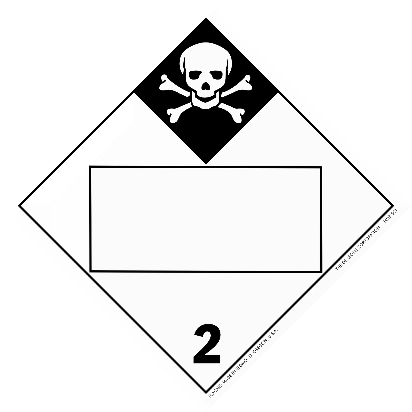 Hazardous materials warning placard with skull and crossbones symbol showing hazard class 2.