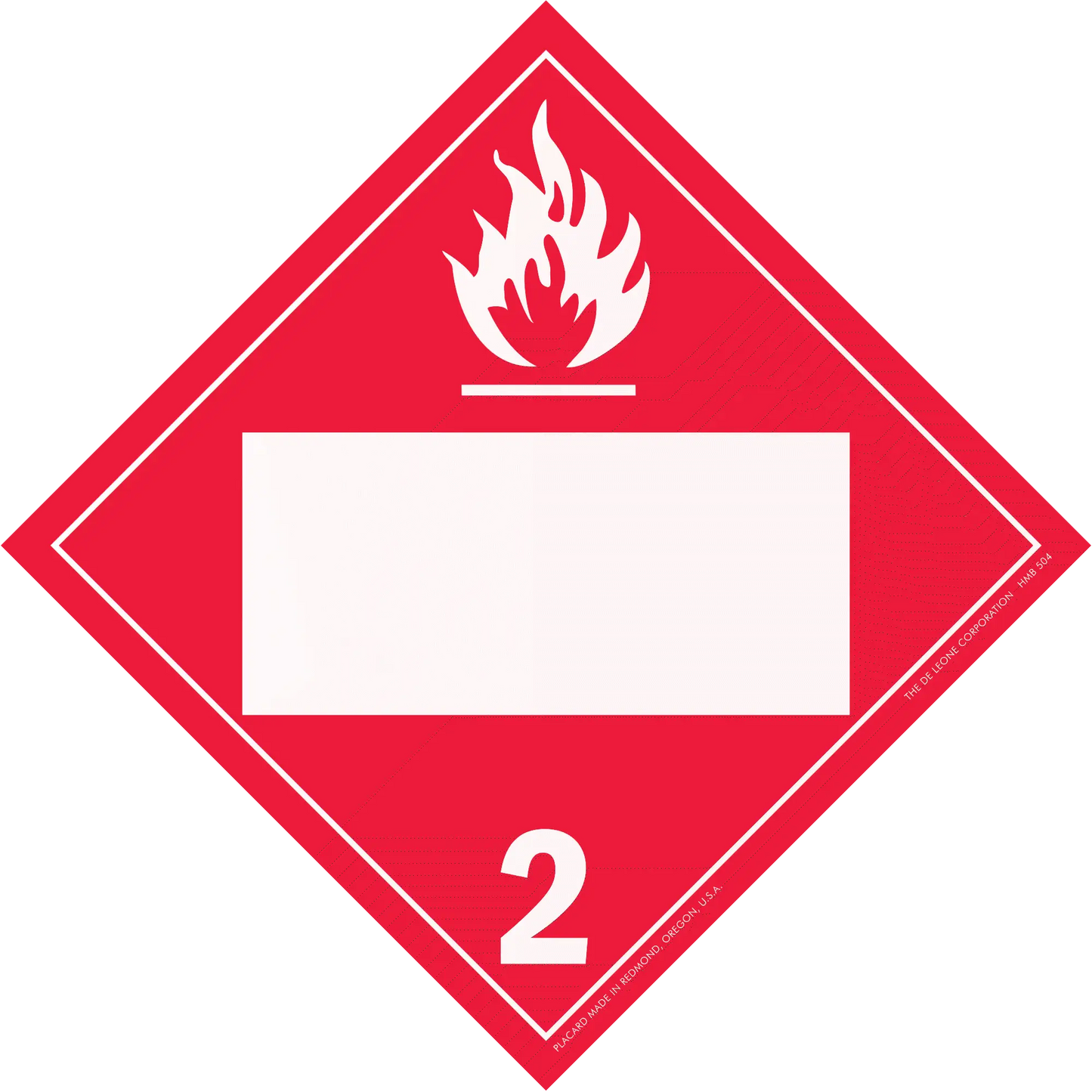 Red diamond-shaped hazard placard with flammable gas symbol (class 2) and blank space for text.