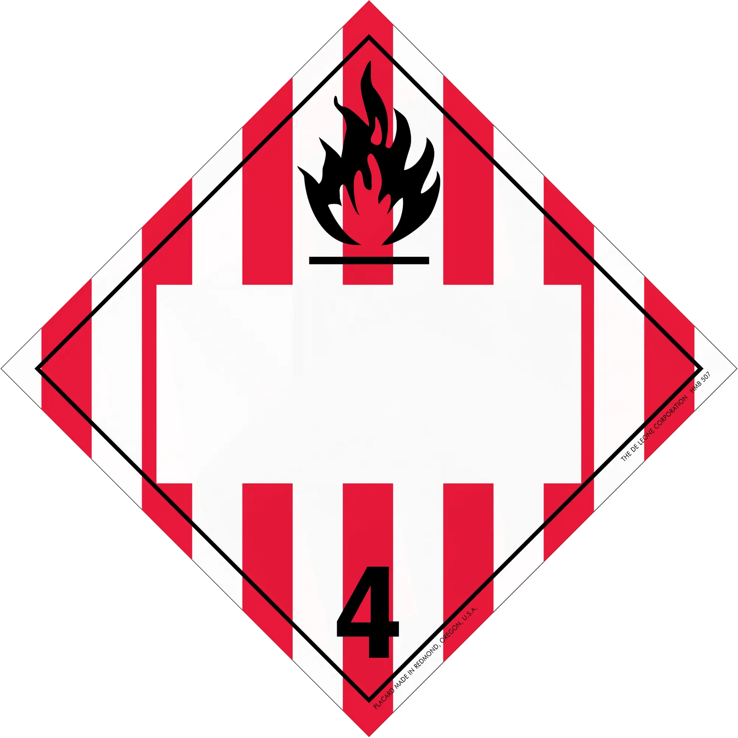 Hazardous material warning placard with a black flame symbol and number 4 on red and white stripes in a diamond shape.