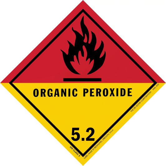 Diamond-shaped hazard warning sign for organic peroxide with class 5.2 designation and flame symbol.