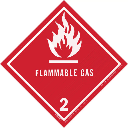 Red diamond-shaped warning sign for flammable gas with flame symbol and number 2.