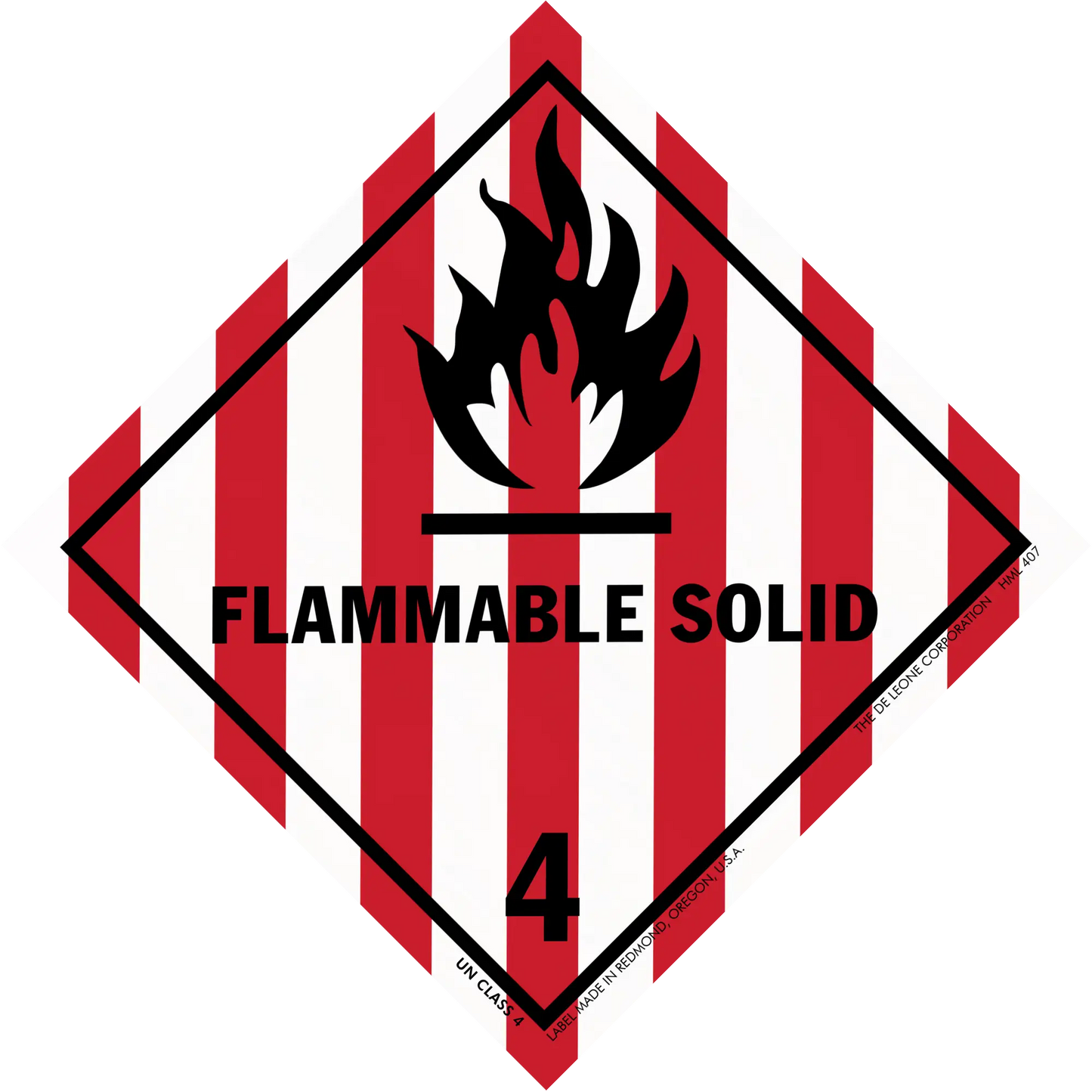 Hazard warning symbol for flammable solids with red and white stripes, black flame icon, and number 4.