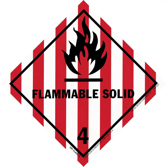 Hazard warning symbol for flammable solids with red and white stripes, black flame icon, and number 4.