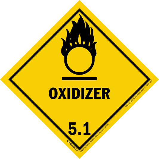 Yellow diamond-shaped warning sign displaying the oxidizer hazard symbol and number 5.1.