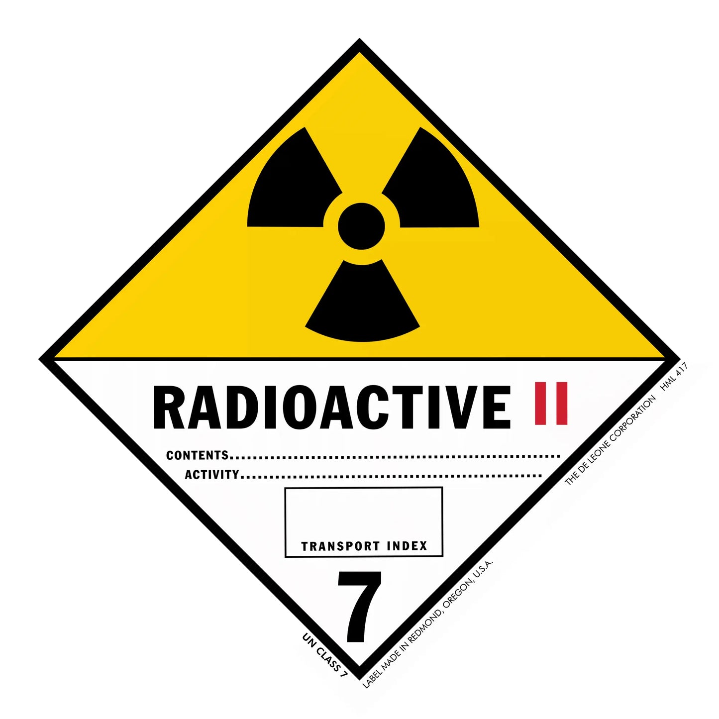Warning sign for Class 7 Radioactive II hazardous materials featuring the trefoil radiation symbol.