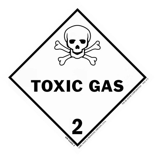 Diamond-shaped warning sign showing a skull and crossbones symbol with ’TOXIC GAS 2’’ text.