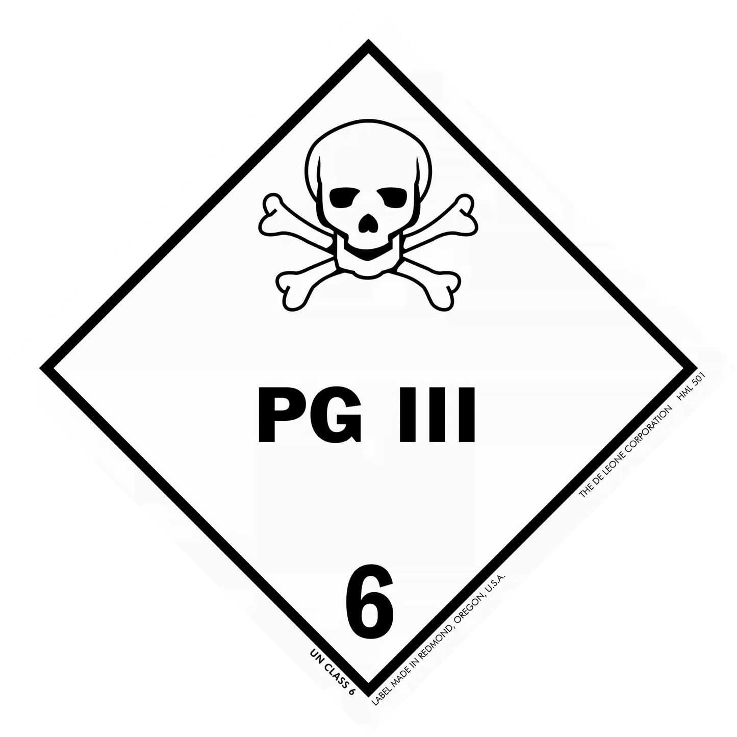 Warning sign showing a skull and crossbones with ’PG III 6’’ text.