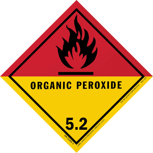 Diamond-shaped hazard warning sign for organic peroxide with class 5.2 designation and flame symbol.