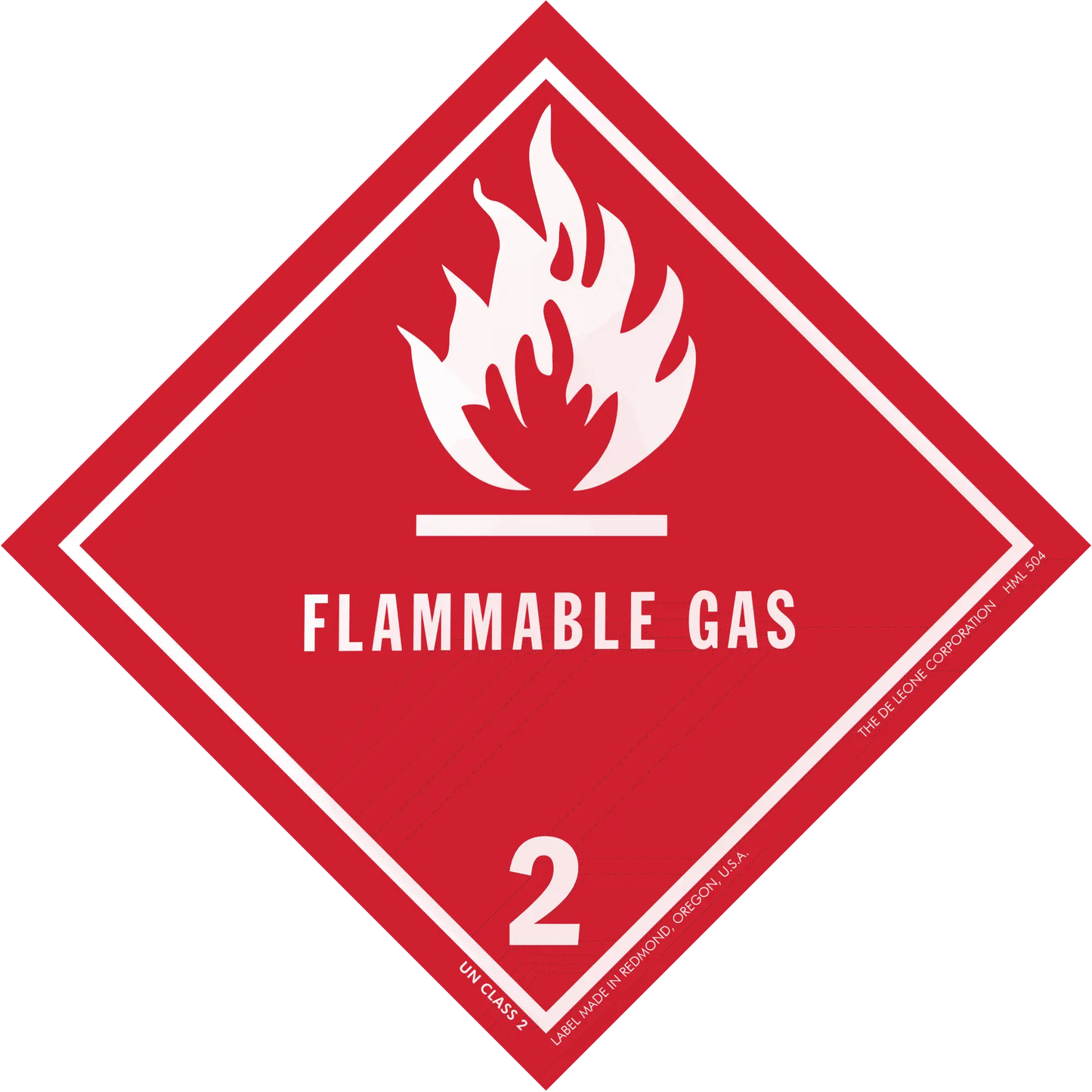 Red diamond-shaped warning sign for flammable gas with flame symbol and number 2.