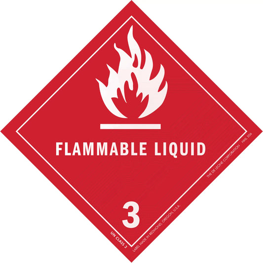 Red diamond-shaped warning sign for flammable liquid with flame symbol and number 3.