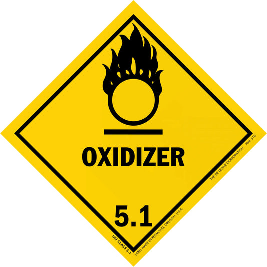 Yellow diamond-shaped warning sign displaying the word ’OXIDIZER’ with a flame symbol and number 5.1.