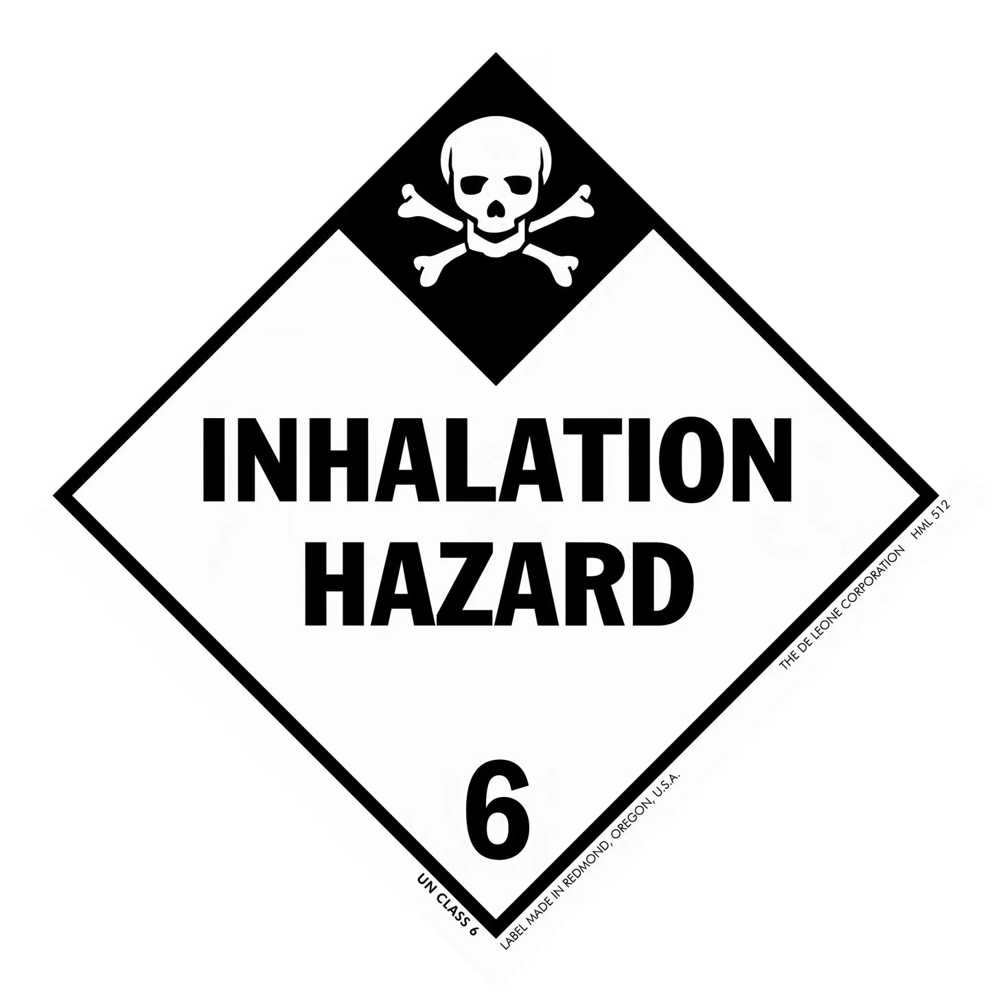 Diamond-shaped warning sign displaying ’INHALATION HAZARD’ with a skull and crossbones symbol and number 6.