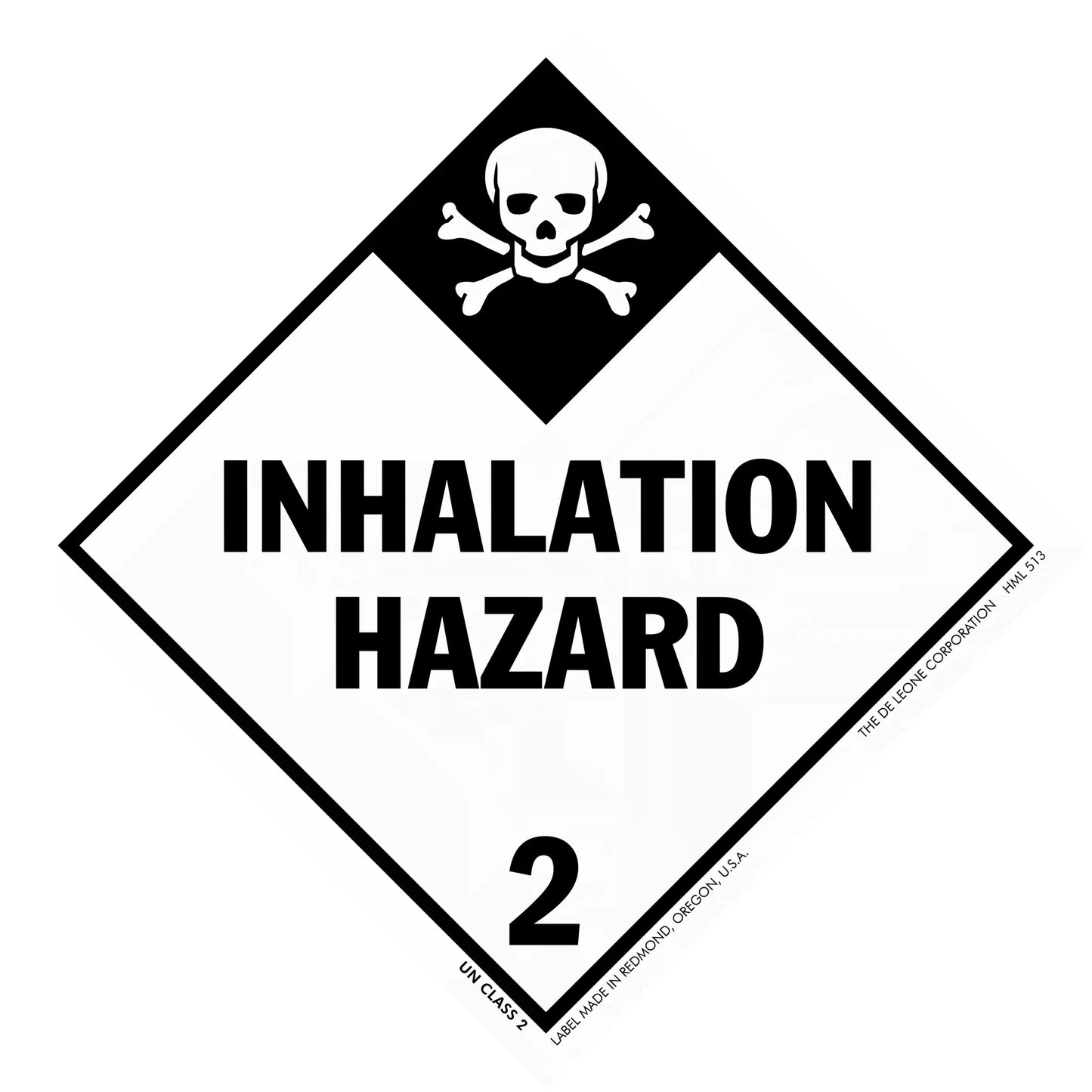 Black and white diamond-shaped warning sign displaying ’INHALATION HAZARD 2’’ with a skull and crossbones symbol.