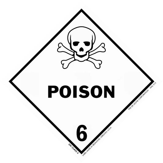 Diamond-shaped hazard warning sign featuring a skull and crossbones symbol with ’POISON’ text and number 6.