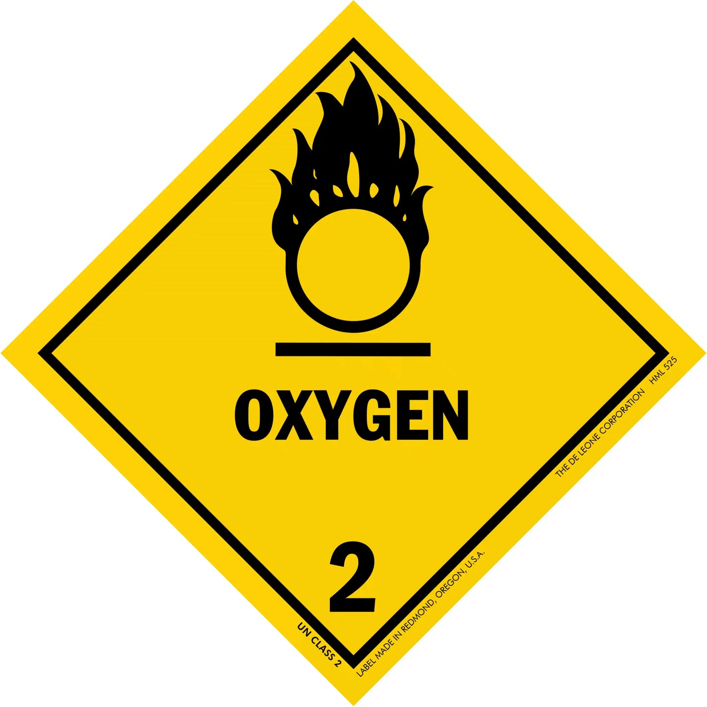 Yellow diamond-shaped warning sign for oxygen with hazard class 2 symbol showing a black flame above a circle.