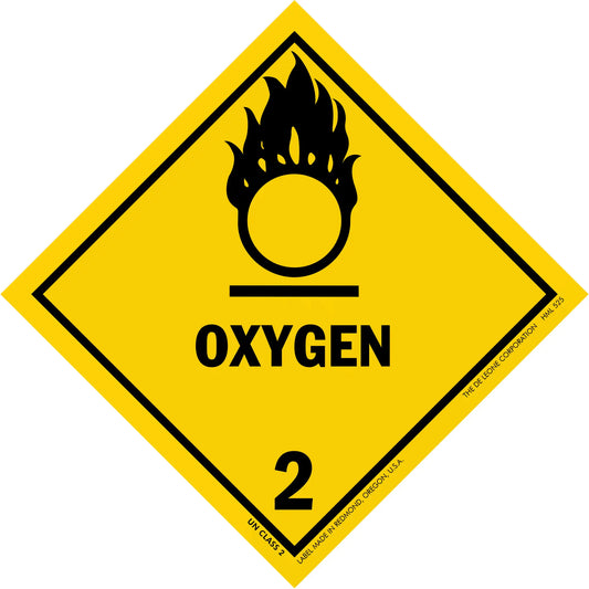 Yellow diamond-shaped warning sign for oxygen with hazard class 2 symbol showing a black flame above a circle.