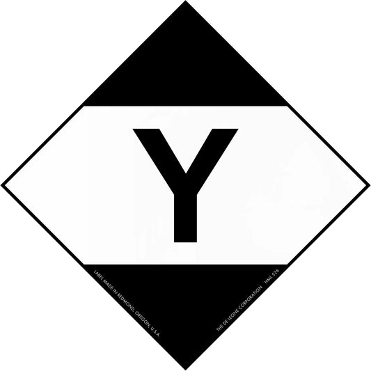 Black and white diamond-shaped sign containing the letter ’Y’