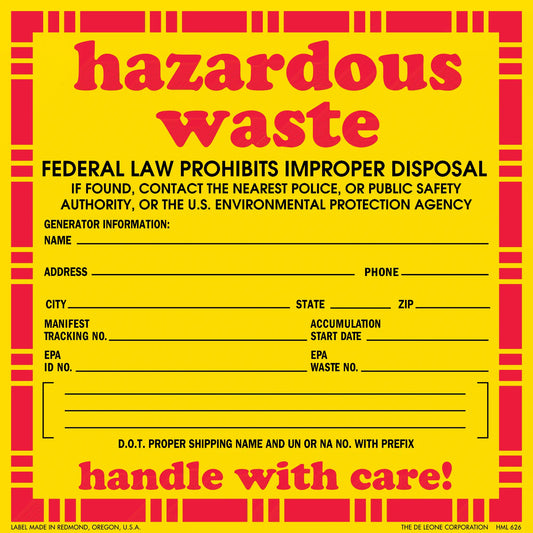 Yellow and red hazardous waste warning label with blank spaces for shipping information.