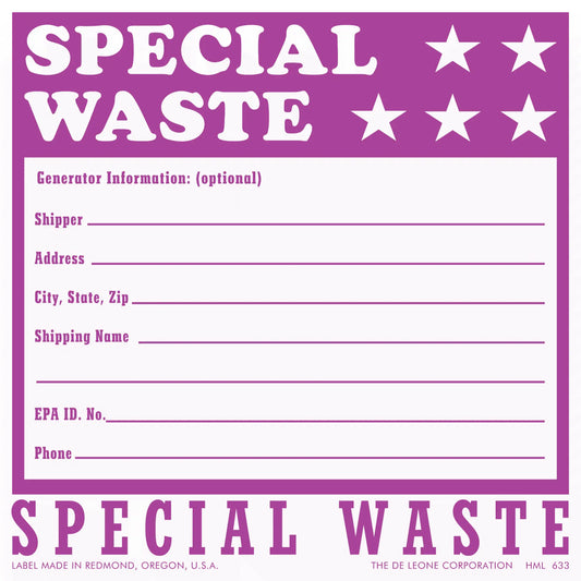 Purple and white special waste label with generator information fields and decorative stars.
