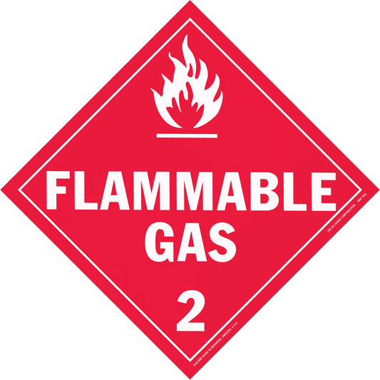 Red diamond-shaped warning sign for flammable gas with flame symbol and number 2.