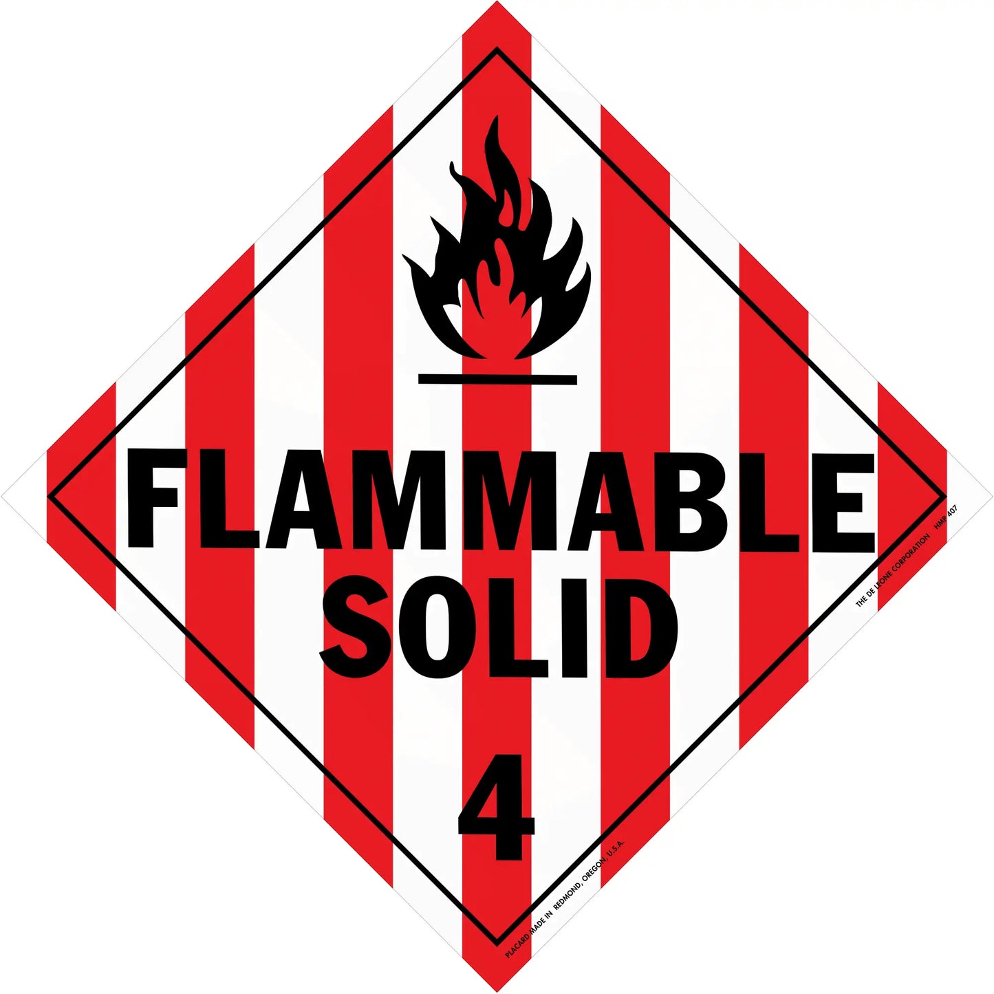 Warning sign with red and white stripes showing ’FLAMMABLE SOLID 4’’ and a flame symbol.