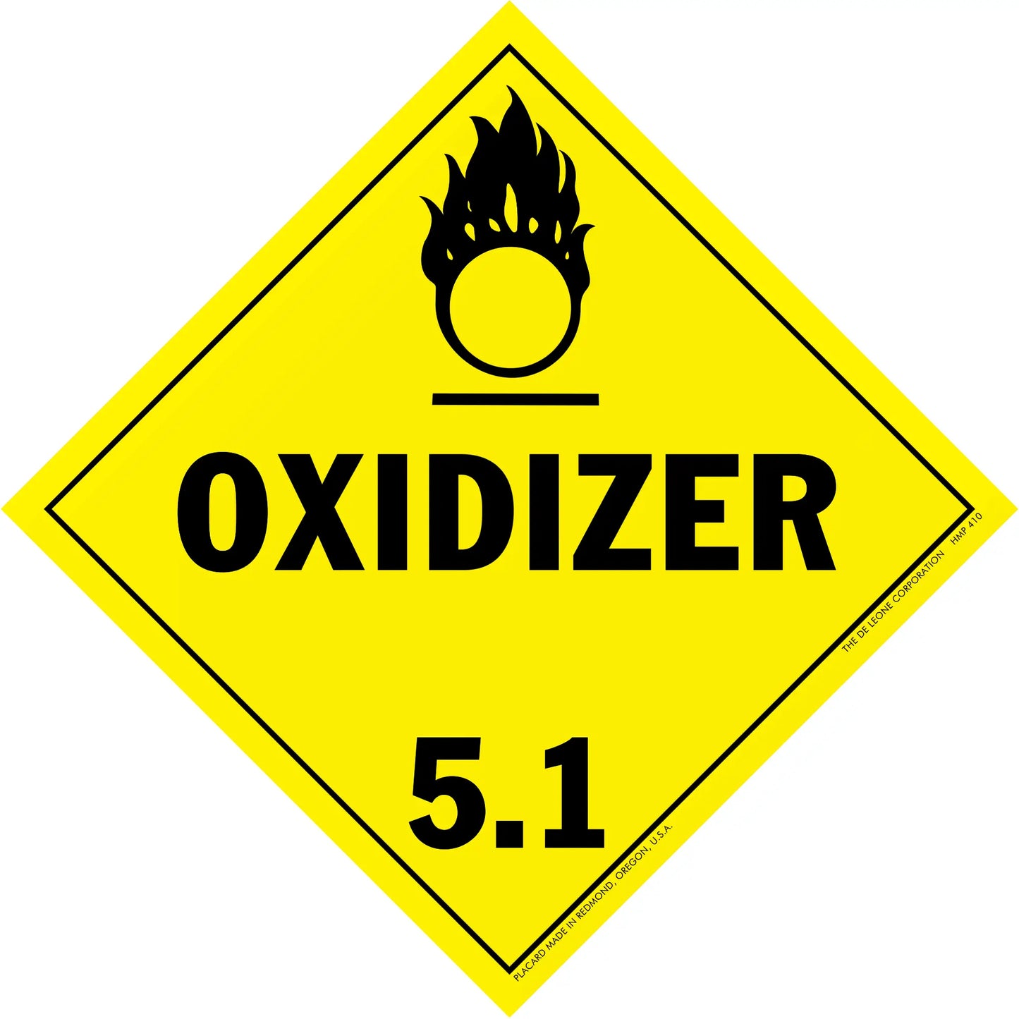 Yellow diamond-shaped hazard warning sign for oxidizing materials labeled ’OXIDIZER 5.1’’ with a flame symbol.