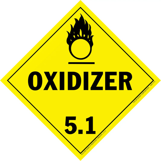 Yellow diamond-shaped hazard warning sign for oxidizing materials labeled ’OXIDIZER 5.1’’ with a flame symbol.