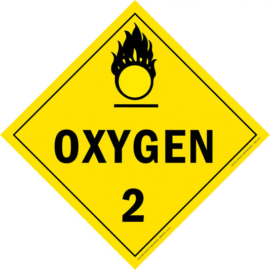 Yellow diamond-shaped hazard warning sign for oxygen with the number 2 and flame symbol.