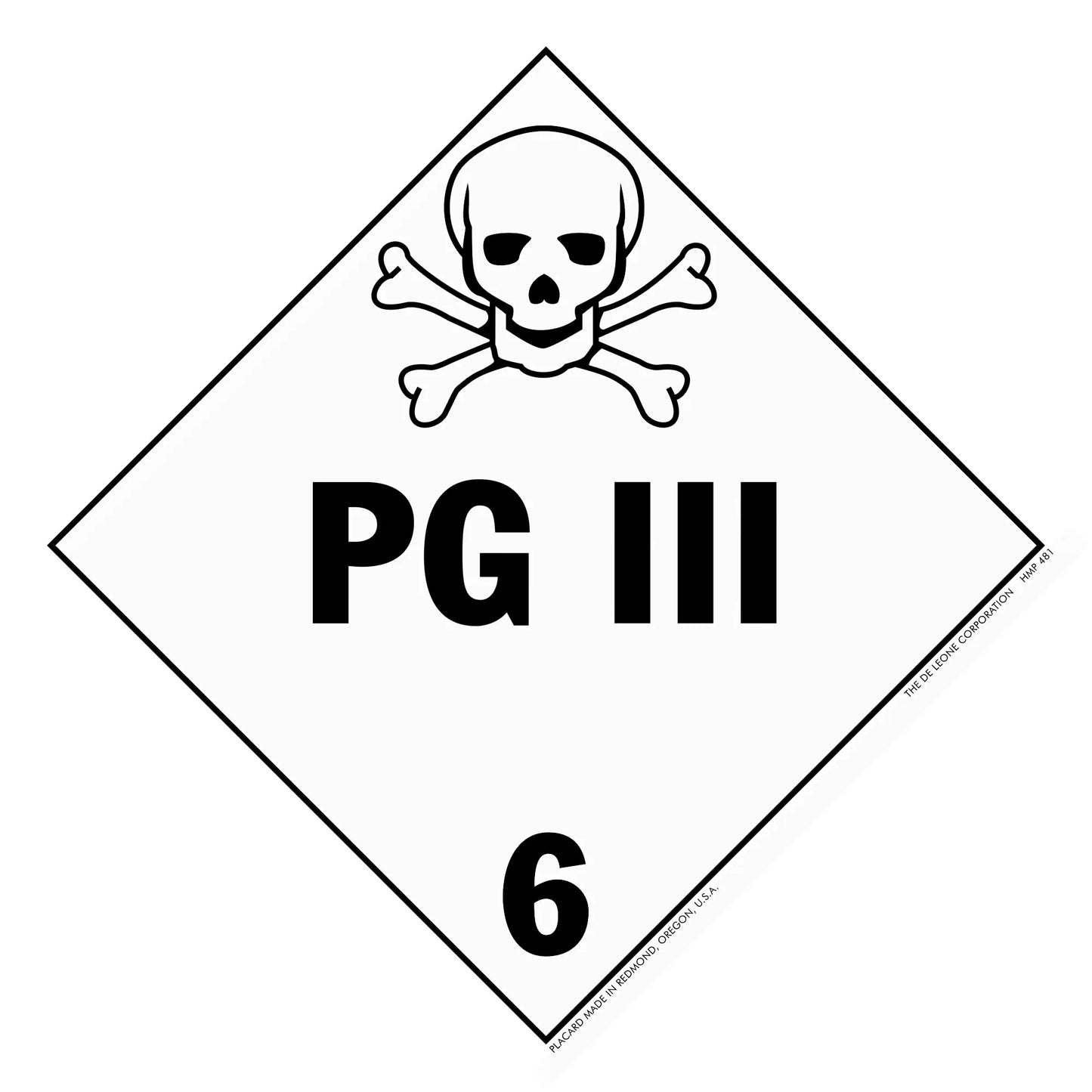 Warning sign with skull and crossbones symbol displaying ’PG III 6’’ text.