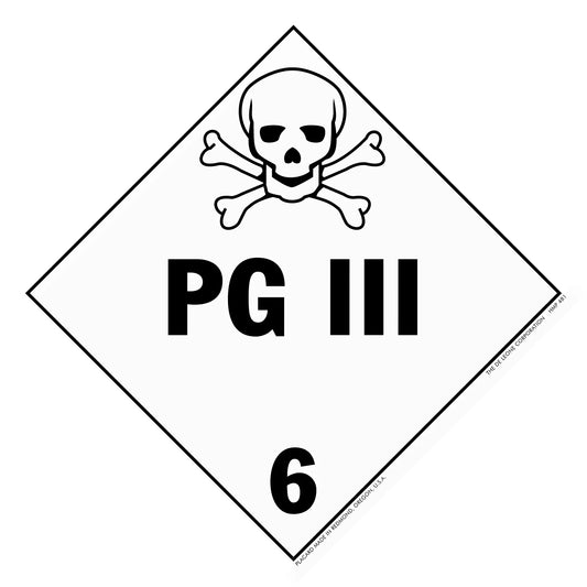 Warning sign with skull and crossbones symbol displaying ’PG III 6’’ text.