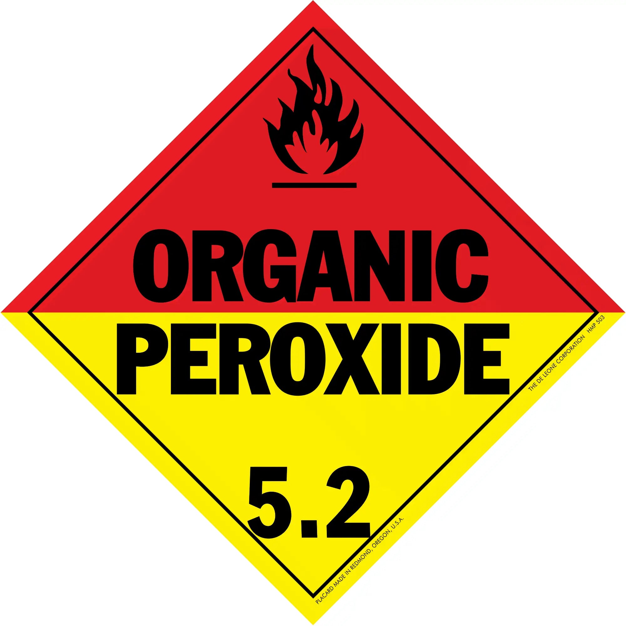 Diamond-shaped hazard warning sign for organic peroxide with class 5.2 designation.