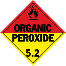 Diamond-shaped hazard warning sign for organic peroxide with class 5.2 designation.