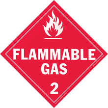 Red diamond-shaped warning sign displaying ’FLAMMABLE GAS 2’’ with a white flame symbol.