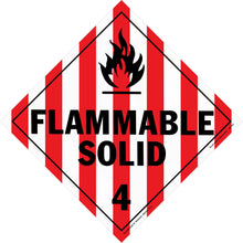 Hazard warning sign with red and white stripes showing ’FLAMMABLE SOLID 4’’ and a flame symbol.
