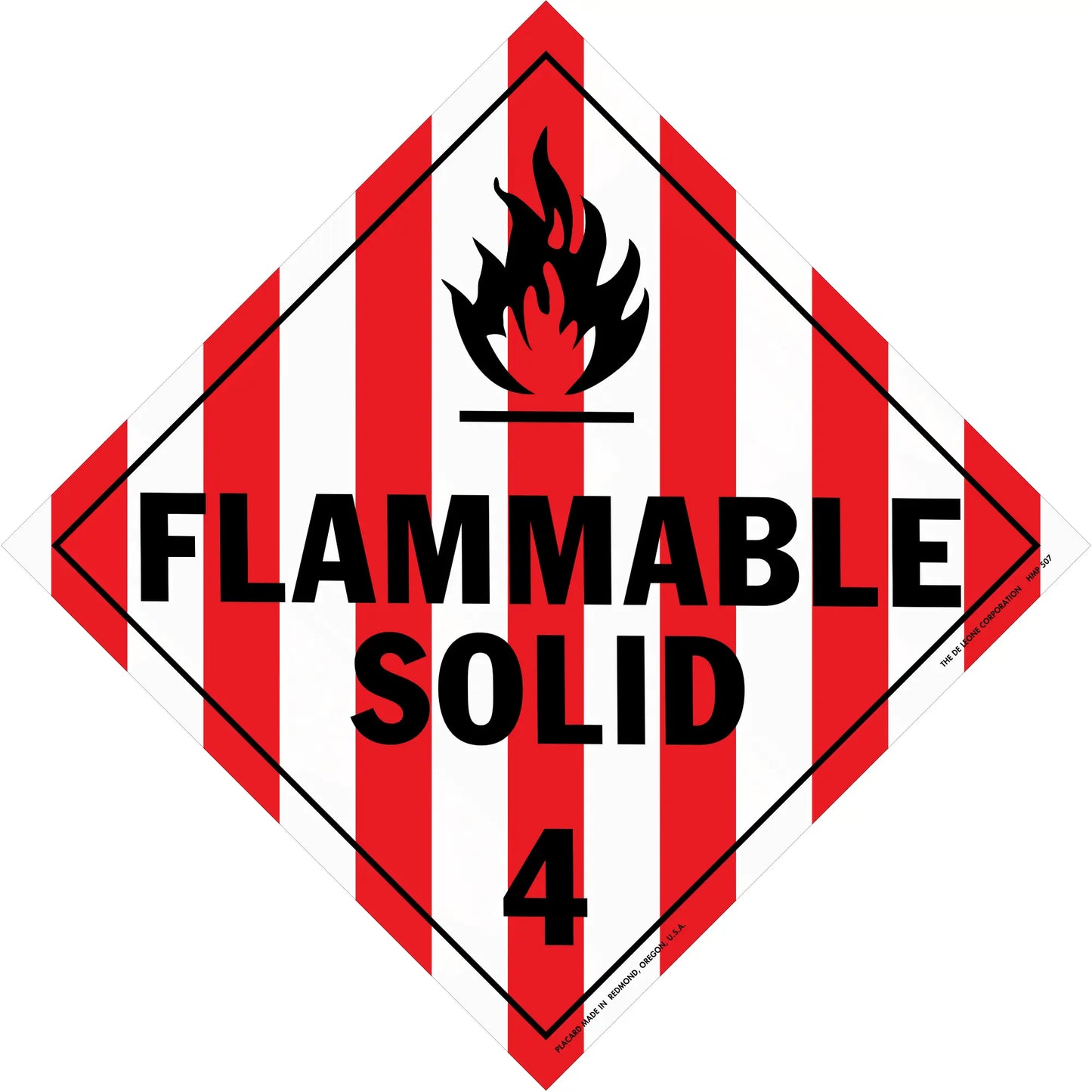 Hazard warning sign with red and white stripes showing ’FLAMMABLE SOLID 4’’ and a flame symbol.