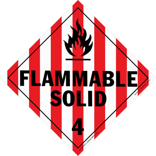 Hazard warning sign with red and white stripes showing ’FLAMMABLE SOLID 4’’ and a flame symbol.